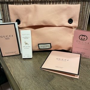 Gucci pink makeup case /4 samples alchemists garden, mascara, guilty, lipstick